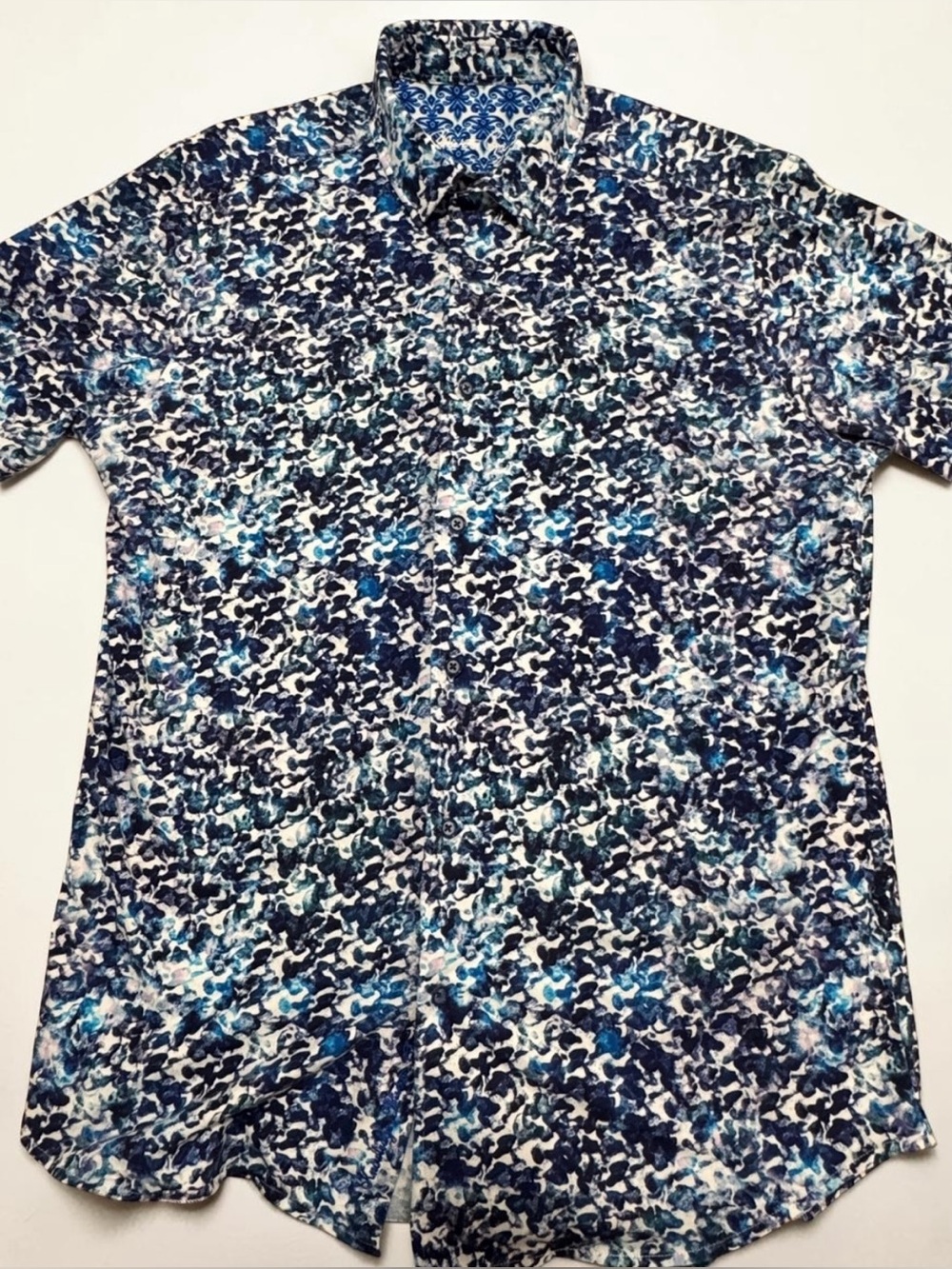 Robert Graham Classic Fit Stretch Poplin Shirt M Blue Abstract Print Contrast Tr